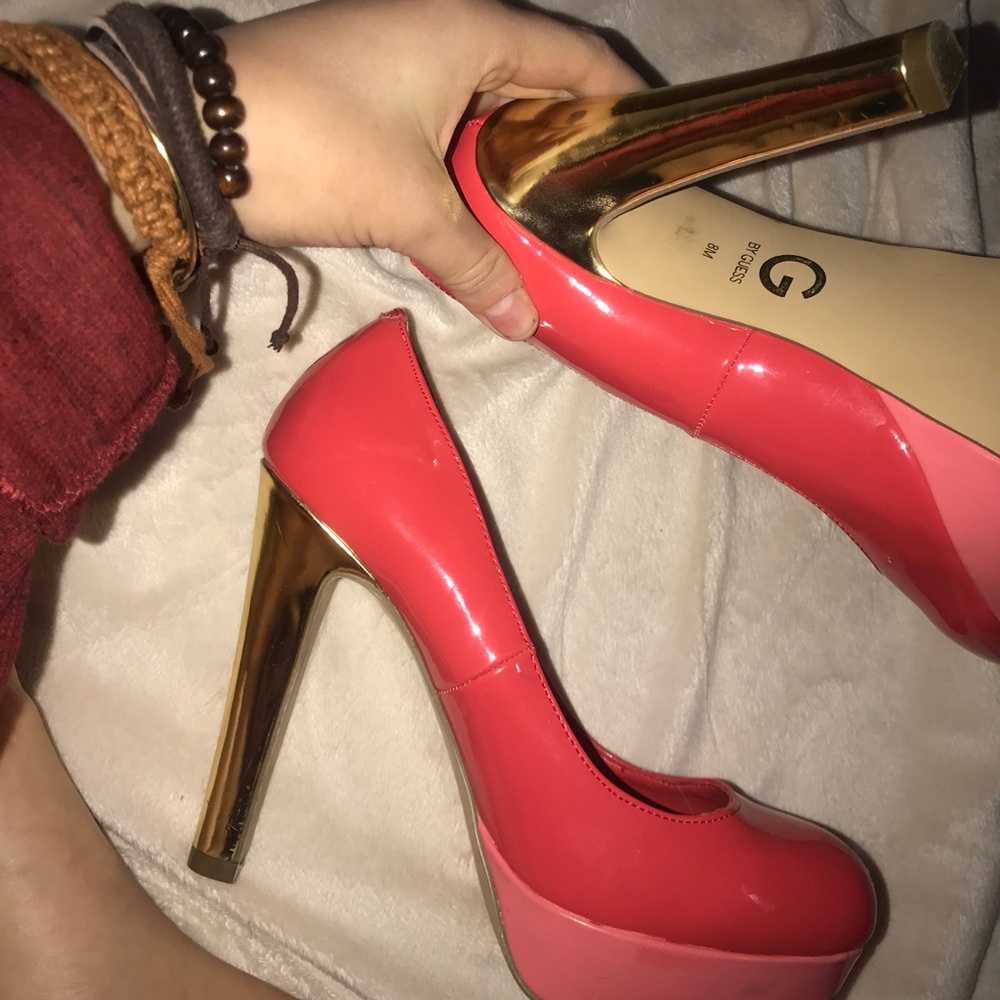 Coral And Gold Guess Heels